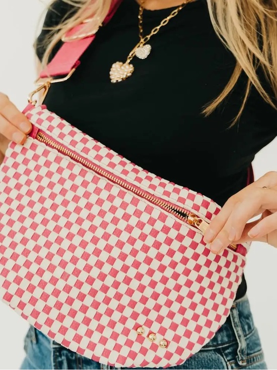 Handbags - Pretty Simple- Pinks Checkered Crossbody Bag with Gold Hardware